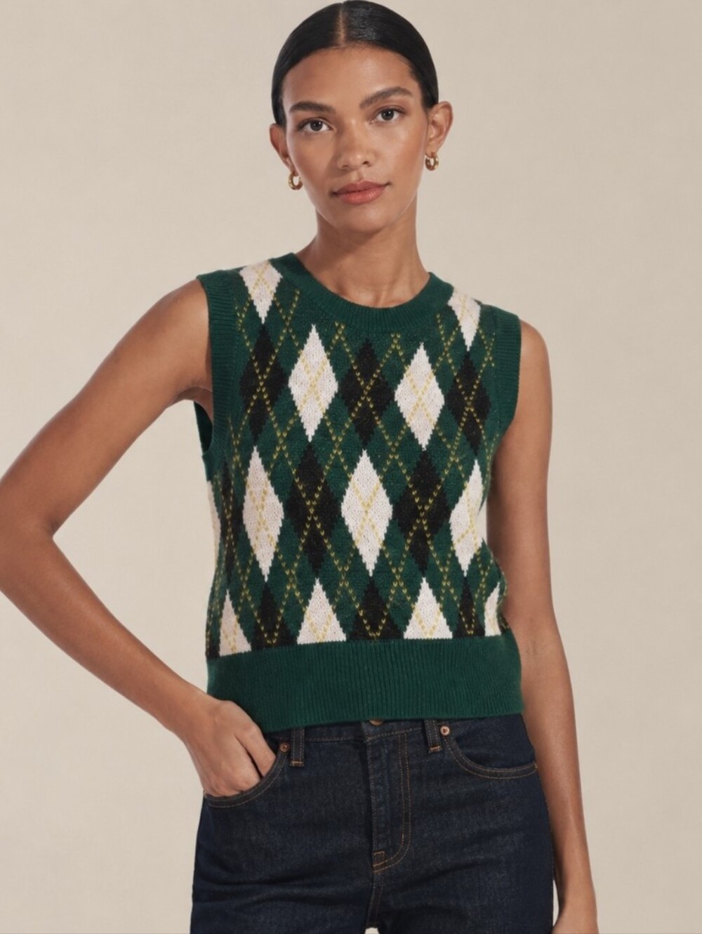 STAUD Joker Sweater Vest Green Argyle Wool Mohair Blend Size Large EUC $245